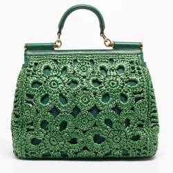 Pre Owned Dolce & Gabbana Green Straw Crochet Large Miss Sicily Top Handle Bag