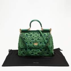 Pre Owned Dolce & Gabbana Green Straw Crochet Large Miss Sicily Top Handle Bag