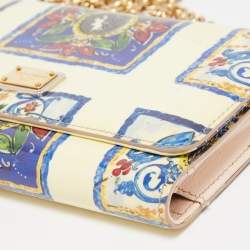 Pre Owned Dolce & Gabbana Cream/Multicolor Printed Trifold Wallet On Chain