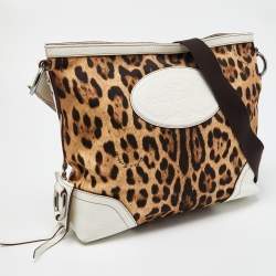 Pre Owned Dolce & Gabbana Brown/White Leopard Print Canvas and Leather Messenger Bag