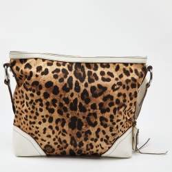Pre Owned Dolce & Gabbana Brown/White Leopard Print Canvas and Leather Messenger Bag