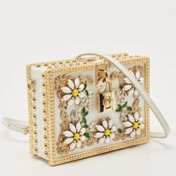 Pre Owned Dolce & Gabbana White Acrylic Crystal Embellished Box Locket Clutch Bag