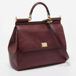 Pre Owned Dolce & Gabbana Burgundy Leather Large Miss Sicily Top Handle Bag