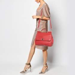 Pre Owned Dolce & Gabbana Red Leather Large Miss Sicily Top Handle Bag