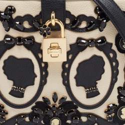 Pre Owned Dolce & Gabbana Cream/Black Embellished Leather Treasure Box Bag