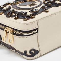Pre Owned Dolce & Gabbana Cream/Black Embellished Leather Treasure Box Bag