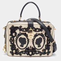 Pre Owned Dolce & Gabbana Cream/Black Embellished Leather Treasure Box Bag