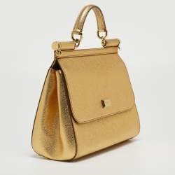 Pre Owned Dolce & Gabbana Metallic Gold Leather Medium Miss Sicily Top Handle Bag