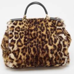 Pre Owned Dolce & Gabbana Beige/Black Leopard Print Faux Fur and Leather Medium Miss Sicily Top Handle Bag