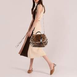 Pre Owned Dolce & Gabbana Beige/Black Leopard Print Faux Fur and Leather Medium Miss Sicily Top Handle Bag