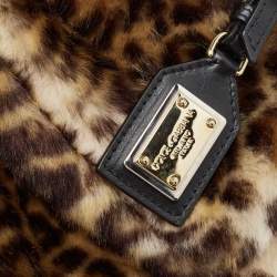 Pre Owned Dolce & Gabbana Beige/Black Leopard Print Faux Fur and Leather Medium Miss Sicily Top Handle Bag