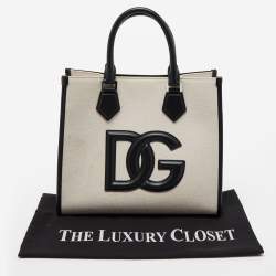 Pre Owned Dolce & Gabbana Off-White/Black Canvas And Leather DG Logo Shopper Tote