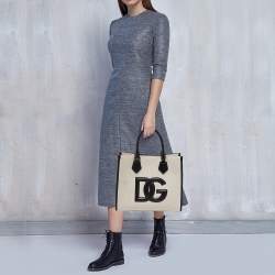Pre Owned Dolce & Gabbana Off-White/Black Canvas And Leather DG Logo Shopper Tote