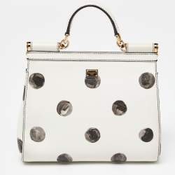 Pre Owned Dolce & Gabbana White/Black Polka Dot Leather Medium Miss Sicily Top Handle Bag