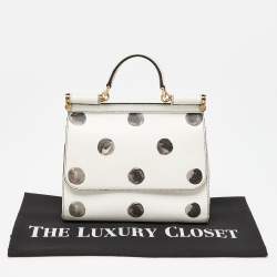 Pre Owned Dolce & Gabbana White/Black Polka Dot Leather Medium Miss Sicily Top Handle Bag