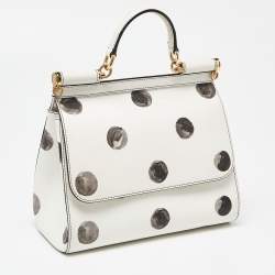 Pre Owned Dolce & Gabbana White/Black Polka Dot Leather Medium Miss Sicily Top Handle Bag