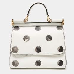 Pre Owned Dolce & Gabbana White/Black Polka Dot Leather Medium Miss Sicily Top Handle Bag