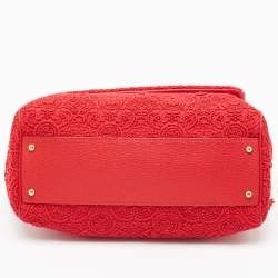 Pre Owned Dolce & Gabbana Red Lace and Leather Large Miss Sicily Top Handle Bag