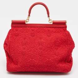 Pre Owned Dolce & Gabbana Red Lace and Leather Large Miss Sicily Top Handle Bag