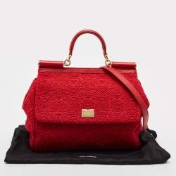 Pre Owned Dolce & Gabbana Red Lace and Leather Large Miss Sicily Top Handle Bag