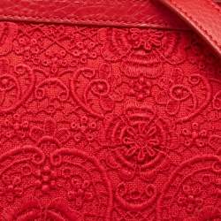 Pre Owned Dolce & Gabbana Red Lace and Leather Large Miss Sicily Top Handle Bag