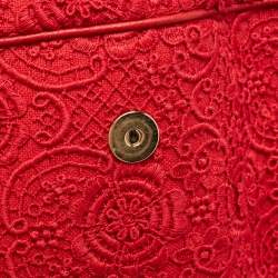 Pre Owned Dolce & Gabbana Red Lace and Leather Large Miss Sicily Top Handle Bag