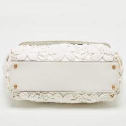 Pre Owned Dolce & Gabbana White Crochet and Leather Large Miss Sicily Top Handle Bag