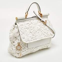 Pre Owned Dolce & Gabbana White Crochet and Leather Large Miss Sicily Top Handle Bag