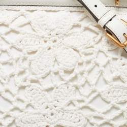 Pre Owned Dolce & Gabbana White Crochet and Leather Large Miss Sicily Top Handle Bag