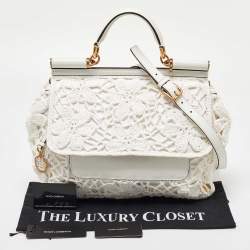 Pre Owned Dolce & Gabbana White Crochet and Leather Large Miss Sicily Top Handle Bag