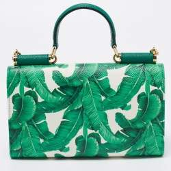 مملوكة مسبقًا Dolce & Gabbana Green/White Printed Leather Miss Sicily Von Wallet on Chain