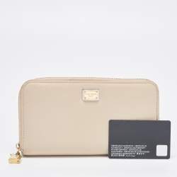 Pre Owned Dolce & Gabbana Beige Leather Lock Zip Around Continental Wallet