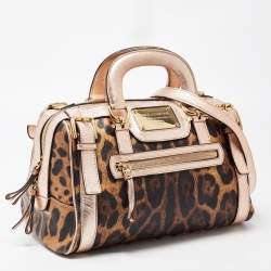 Pre Owned Dolce and Gabbana Brown/Metallic Pink Leopard Print Coated Canvas Miss Easy Way Satchel