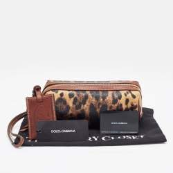 Pre Owned Dolce & Gabbana Brown Leopard Print Coated Canvas and Leather Wristlet Pouch