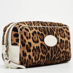 Dolce & Gabbana White/Brown Leopard Print Fabric and Leather Cosmetic Pouch