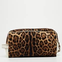 Dolce & Gabbana White/Brown Leopard Print Fabric and Leather Cosmetic Pouch