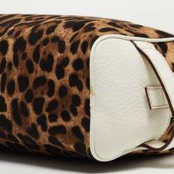 Dolce & Gabbana White/Brown Leopard Print Fabric and Leather Cosmetic Pouch