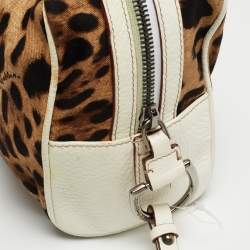 Dolce & Gabbana White/Brown Leopard Print Fabric and Leather Cosmetic Pouch