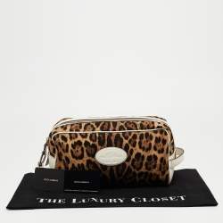 Dolce & Gabbana White/Brown Leopard Print Fabric and Leather Cosmetic Pouch