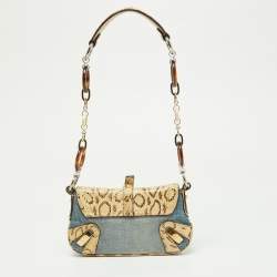 Pre Owned Dolce & Gabbana Cream/Blue Denim and Watersnake Leather Ring Buckle Flap Baguette Bag