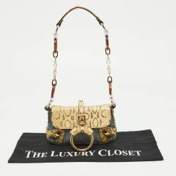 Pre Owned Dolce & Gabbana Cream/Blue Denim and Watersnake Leather Ring Buckle Flap Baguette Bag