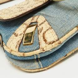 Pre Owned Dolce & Gabbana Cream/Blue Denim and Watersnake Leather Ring Buckle Flap Baguette Bag
