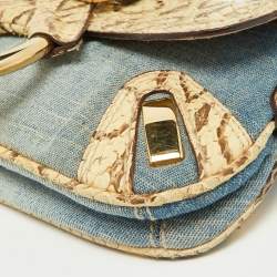 Pre Owned Dolce & Gabbana Cream/Blue Denim and Watersnake Leather Ring Buckle Flap Baguette Bag