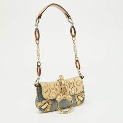 Pre Owned Dolce & Gabbana Cream/Blue Denim and Watersnake Leather Ring Buckle Flap Baguette Bag