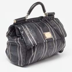 Pre Owned Dolce & Gabbana Black Snakeskin and Leather XL Miss Sicily Top Handle Bag