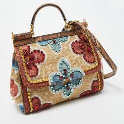 Pre Owned Dolce & Gabbana Multicolor Embroidered Fabric and Python Medium Miss Sicily Top Handle Bag