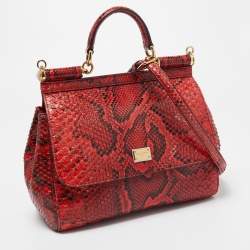 Pre Owned Dolce and Gabbana Red/Black Python Medium Miss Sicily Top Handle Bag