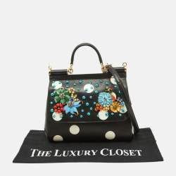 Pre Owned Dolce & Gabbana Black/White Polka Dot Leather Medium Crystal Embellished Miss Sicily Top Handle Bag