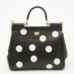 Pre Owned Dolce & Gabbana Black/White Polka Dot Leather Medium Crystal Embellished Miss Sicily Top Handle Bag