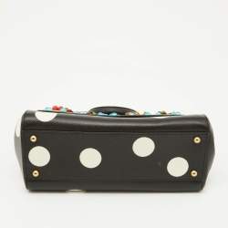 Pre Owned Dolce & Gabbana Black/White Polka Dot Leather Medium Crystal Embellished Miss Sicily Top Handle Bag